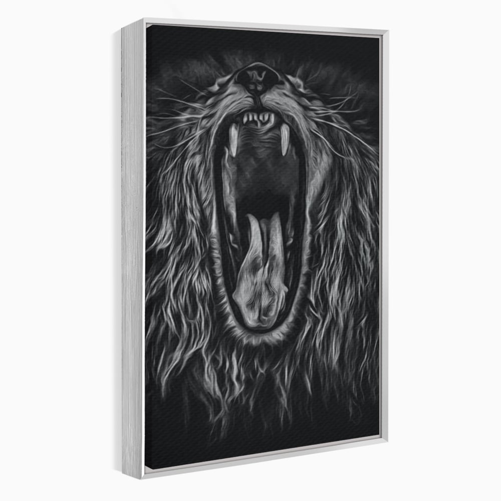Tablou Canvas cu Leu Care Raguseste, Alb si Negru, M1385